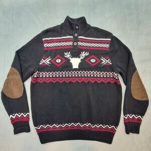 Chaps Deer Fair Isle Nordic Mock Neck Elbow Patch Sweater Black Men's M